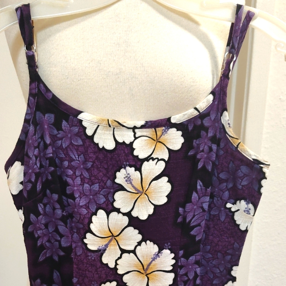 Hawaiian Barkcloth Floral Purple Spaghetti Strap Dress Size M